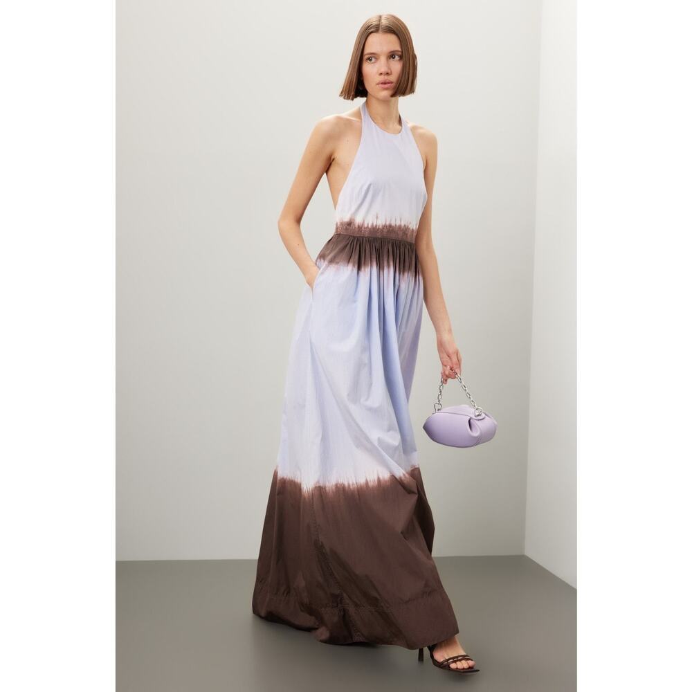 A. L. C. Multicolored Cotton Tan White Halter Neck Maxi Dress Size 6